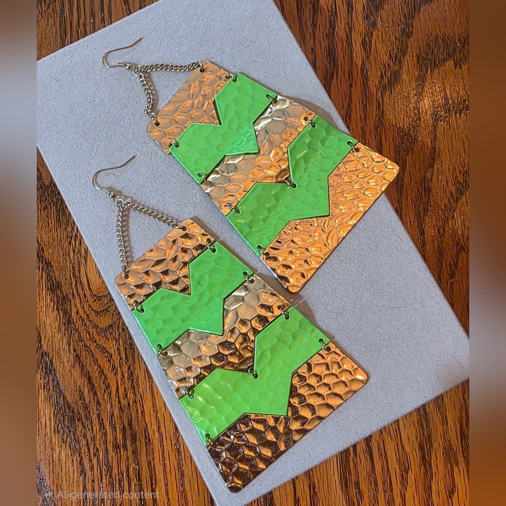 Large Hanmered Gold and Neon Green Statement Earrings